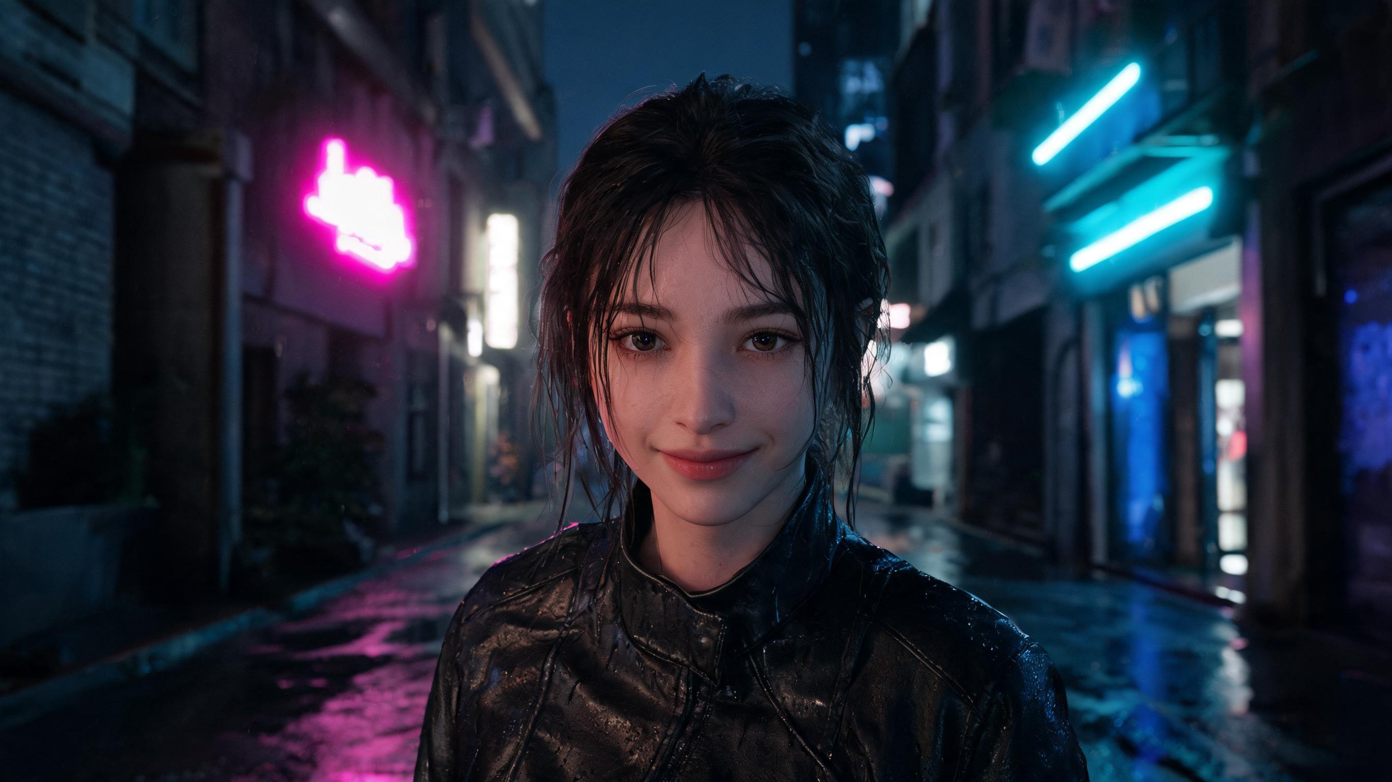 AI image template: Neon Alley Portrait After Rain